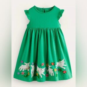 Mini Boden Frill Sleeve Appliqué Dress, Pea Green Sheep 7-8, NWT